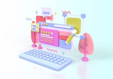 UI UX tasarım konsepti illüstrasyonu için Web Geliştirme İniş sayfası şablonu iş fikri arka planı 3B