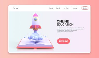 Roket Fırlatması ile çevrimiçi eğitim, iş fikri konsepti için resimli İniş sayfası şablonu 3B oluşturur