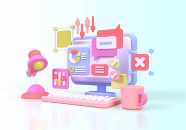 UI UX tasarım konsepti illüstrasyonu için Web Geliştirme İniş sayfası şablonu iş fikri arka planı 3B