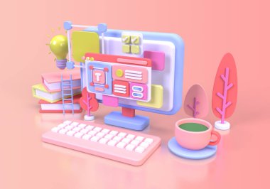 UI UX tasarım konsepti illüstrasyonu için Web Geliştirme İniş sayfası şablonu iş fikri arka planı 3B