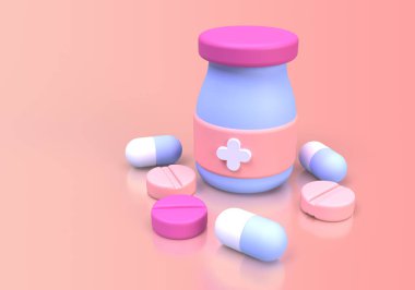 Eczane kategorisi konsepti illüstrasyon için ilaç ve ilaç arka plan 3B oluşturma için iniş sayfası şablonu