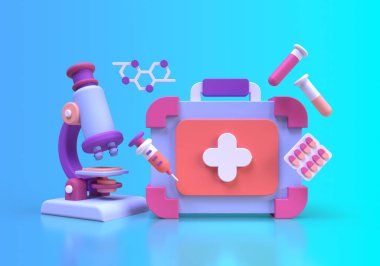 Tıbbi araştırma konsepti illüstrasyon 3B oluşturma için iniş sayfası şablonu