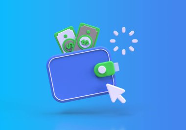 Para resimleme arka planı olan cüzdan, 3D, iş fikri konsepti için simge oluştur