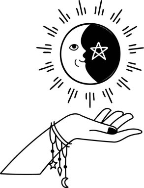 Hand Drawn hand holding the moon in boho style illustration isolated on background