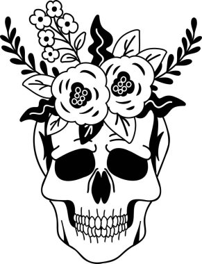 Hand Drawn skull and flowers illustration isolated on background