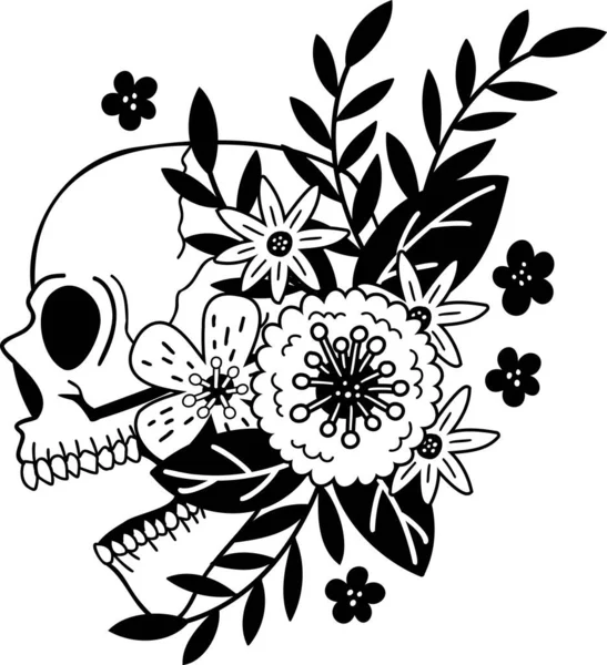 Hand Drawn Skull Flowers Illustration Isolated Background — Image vectorielle