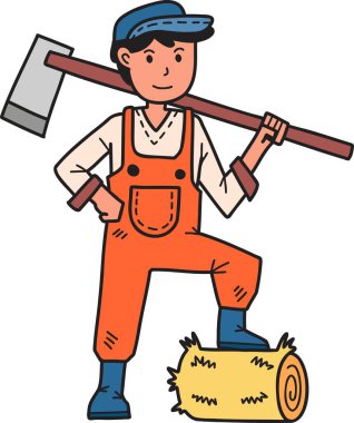 El Çizimi Arka planda izole edilmiş saman yığınının yanında bir çiftçi duruyor