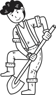 El çizimi erkek çiftçi arka planda izole edilmiş zemini eşeleyen bir çapa tutuyor.