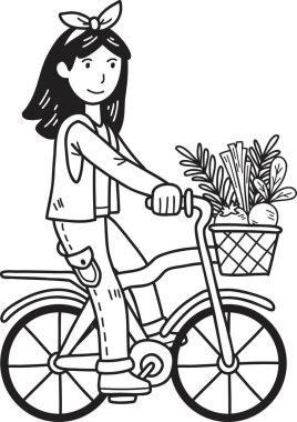 Arka planda izole bir sepet içinde sebze ve meyvelerle bisiklet süren el çizimi kadın.