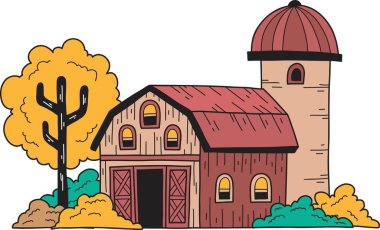 El çizimi çiftlik ve ahır çizimi arka planda izole