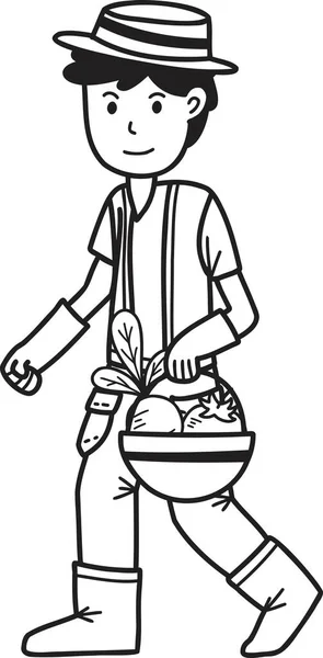 Mão Desenhado Agricultor Masculino Segurando Uma Cesta Frutas Legumes Ilustração — Vetor de Stock