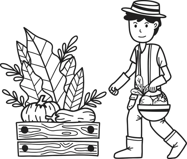 Maschio Agricoltore Disegnato Mano Che Tiene Cesto Frutta Verdura Illustrazione — Vettoriale Stock