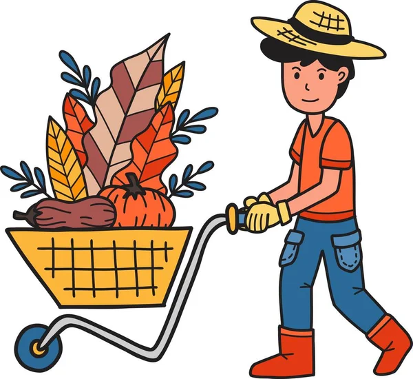 Hand Drawn Male Farmer Pushing Vegetables Fruits Cart Illustration Isolated — Stock Vector