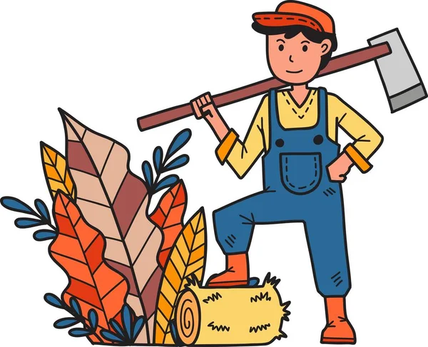 Mão Desenhada Agricultor Masculino Segurando Uma Enxada Cavando Ilustração Chão — Vetor de Stock