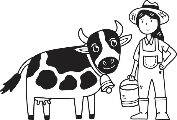 Agricultora Dibujada Mano Pie Junto Ilustración Vaca Aislado Fondo — Vector de stock