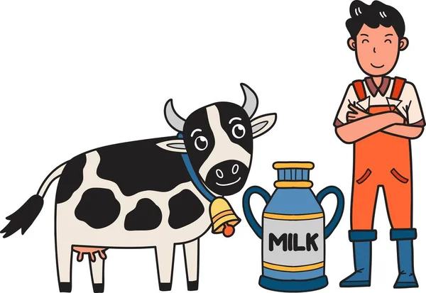 Granjero Macho Dibujado Mano Ordeñando Vacas Ilustración Aislada Sobre Fondo — Archivo Imágenes Vectoriales