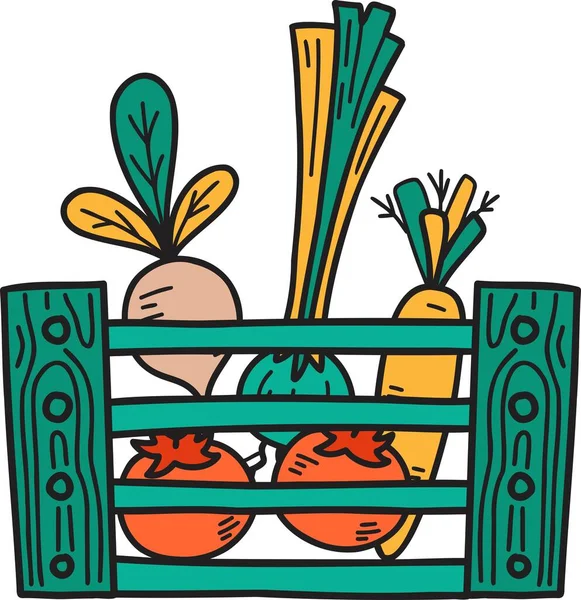 Cesti Legno Disegnato Mano Frutta Verdura Illustrazione Isolata Sfondo — Vettoriale Stock