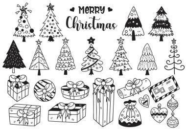 El çizimi Noel ağacı ve hediye kutusu karalama nesneleri afiş afişi için vektör çizimi