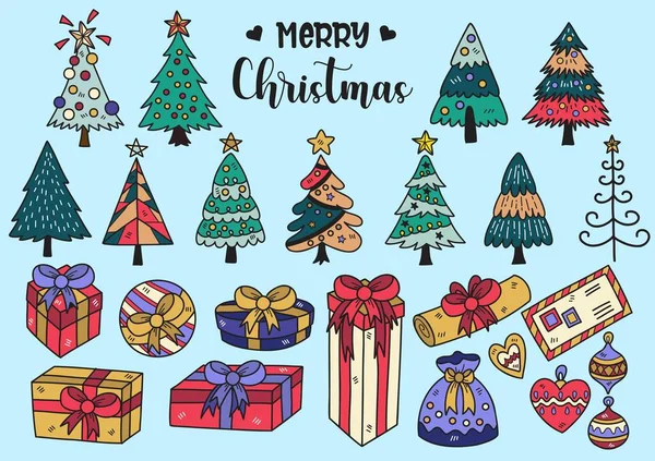 Estilo Dibujado Mano Árbol Navidad Caja Regalo Doodle Objetos Vector — Archivo Imágenes Vectoriales