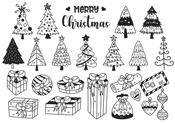 Estilo Dibujado Mano Árbol Navidad Caja Regalo Doodle Objetos Vector — Archivo Imágenes Vectoriales