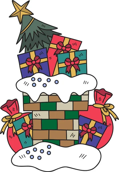 背景にはクリスマスのギフトボックスと煙突のイラストを描いた手描き — ストックベクタ