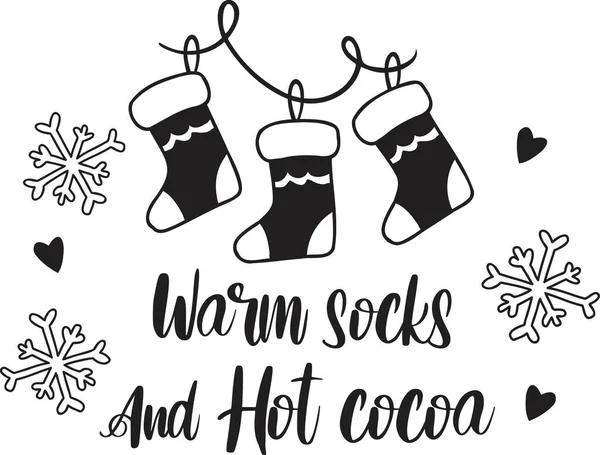 暖かい靴下とホットココアレタリングと引用イラストを背景に隔離 — ストックベクタ