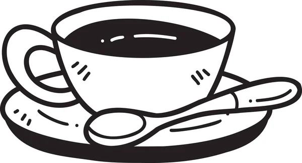 背景にスプーンイラストが描かれたホットコーヒーマグカップを手描き — ストックベクタ