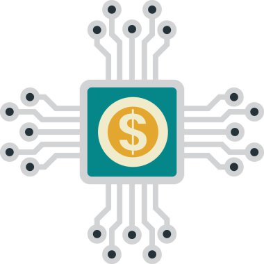 Elektronik devre kartı ve para illüstrasyonu arka planda izole edilmiş minimal şekilde