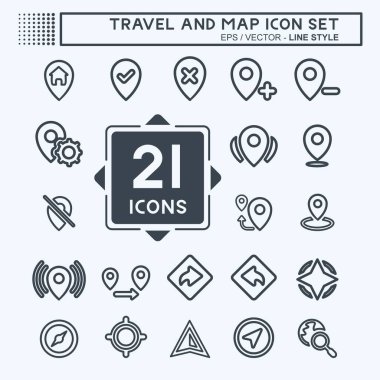 Simge Ayarları Seyahat ve Haritası - Satır Biçimi - Basit illüstrasyon, Düzenlenebilir vuruş, Tasarım şablonu vektörü, baskılar, posterler, reklamlar, duyurular, bilgi grafikleri vs..