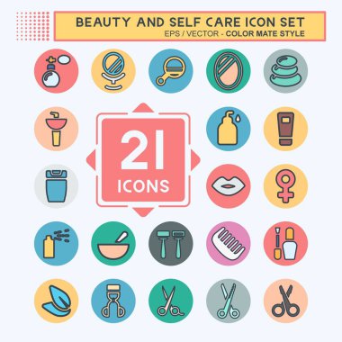 Simge Ayarla Güzellik ve Kendine Bakım - Renk Eşi Biçimi - Basit illüstrasyon, Düzenlenebilir vuruş, Tasarım şablonu vektörü, baskılar, posterler, reklamlar, duyurular, bilgi grafikleri, vs..