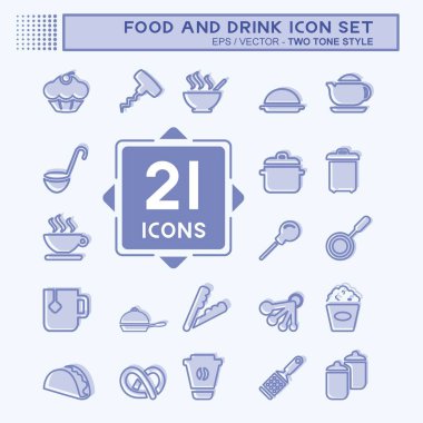 Simge Ayarlama Gıda ve İçecek - İki Ton Biçimi - Basit illüstrasyon, Düzenlenebilir vuruş, Tasarım şablonu vektörü, baskılar, posterler, reklamlar, duyurular, bilgi grafikleri vs..