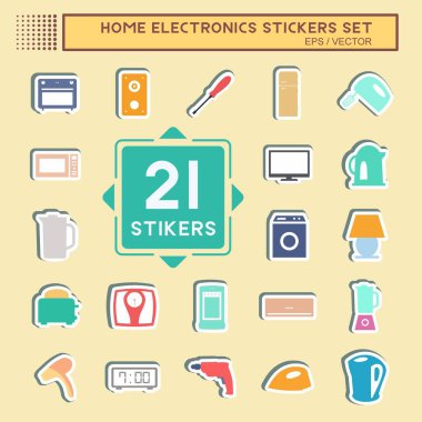 Sticker Set Home Electronics - Basit illüstrasyon, düzenlenebilir felç, tasarım şablonu vektörü, baskılar, posterler, reklamlar, duyurular, bilgi grafikleri vs..