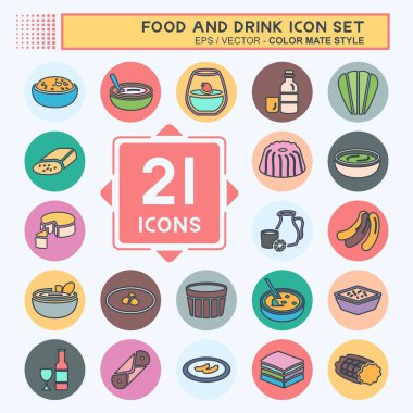 Simge Ayarla Yemek ve İçecek - Renk Eşleştirme Biçimi - Basit illüstrasyon, Düzenlenebilir vuruş, Tasarım şablonu vektörü, baskılar, posterler, reklamlar, duyurular, bilgi grafikleri, vs..