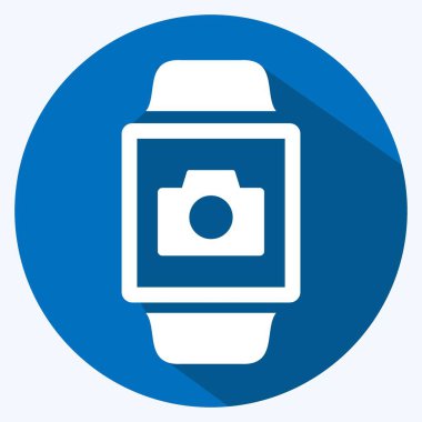 Kamera Uygulaması Simgesi yumuşak mavi arkaplanda izole edilmiş uzun gölge biçiminde