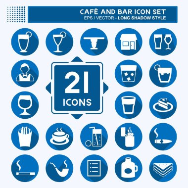 Kafe ve Çubuk Simgesi Simgesini yumuşak mavi arkaplanda izole edilmiş uzun gölge biçiminde ayarlayın