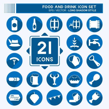 Gıda ve İçecek Simgesi Yumuşak mavi arka planda izole edilmiş modaya uygun uzun gölge tarzında ayarlandı