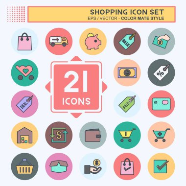 Alışveriş Simgesi Seti yumuşak mavi arkaplanda izole edilmiş moda renk arkadaşı biçimi