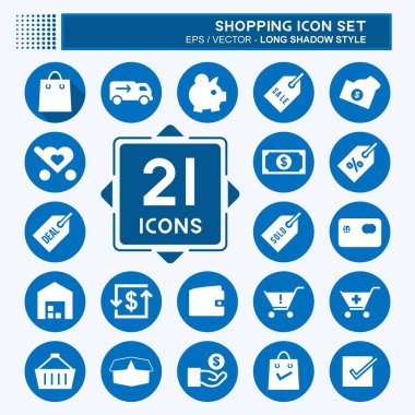 Alışveriş Simgesi Yumuşak mavi arkaplanda izole edilmiş modaya uygun uzun gölge biçiminde ayarlandı