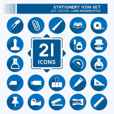 Kırtasiye Simgesi Yumuşak mavi arkaplanda izole edilmiş uzun gölge biçiminde ayarlandı