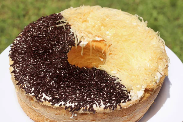 Homemade Sponge Cake Chocolate Cheese White Table — ストック写真