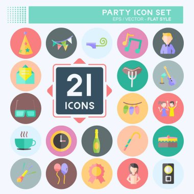 Parti Simgesi Ayarlandı. Eğitim sembolü için uygun. Düz stil. Basit dizayn edilebilir. tasarım şablonu. Basit gösterim