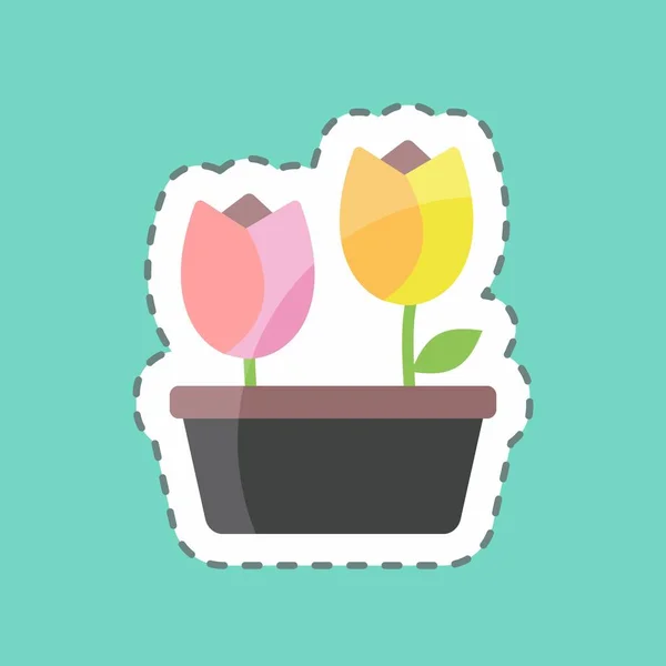 Sticker Lijn Snijdt Tulpen Pot Geschikt Voor Spring Symbool Eenvoudig — Stockvector