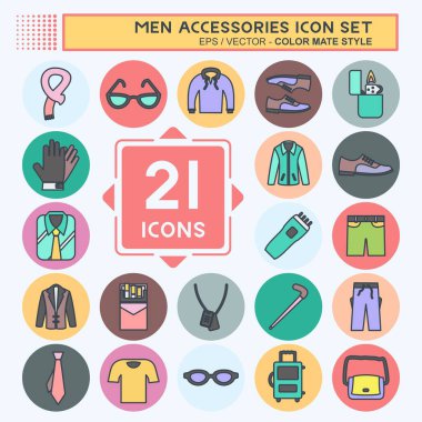 Erkek Aksesuar Simgesi Seti. Eğitim sembolü için uygun. renk arkadaşı stili. Basit dizayn edilebilir. tasarım şablonu. Basit gösterim