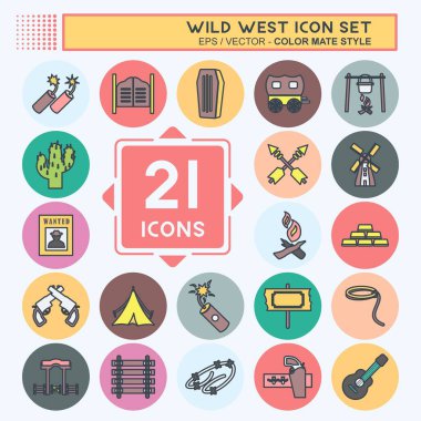 Vahşi Batı Simgesi Seti. Eğitim sembolü için uygun. renk arkadaşı stili. Basit dizayn edilebilir. tasarım şablonu. Basit gösterim