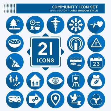 Topluluk Simgesi Ayarlandı. Eğitim sembolü için uygun. Uzun gölge tarzı. Basit dizayn edilebilir. tasarım şablonu. Basit gösterim