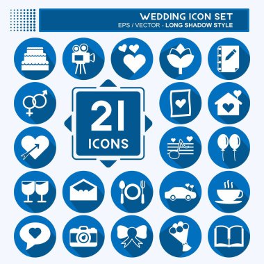 Düğün ikonu seti. Mobil Uygulamalar sembolü için uygun. Uzun gölge tarzı. Basit dizayn edilebilir. tasarım şablonu. Basit gösterim