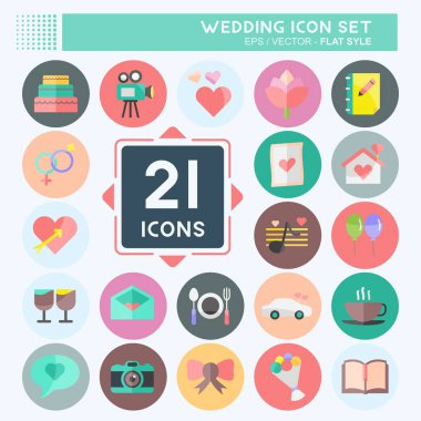 Düğün ikonu seti. Mobil Uygulamalar sembolü için uygun. Düz stil. Basit dizayn edilebilir. tasarım şablonu. Basit gösterim