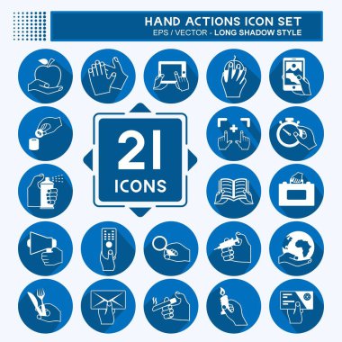 El Eylemleri Simgesi Ayarlandı. Eğitim sembolü için uygun. Uzun gölge tarzı. Basit dizayn edilebilir. tasarım şablonu. Basit gösterim