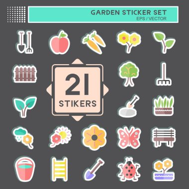Sticker Set Garden 'da. Bahçe sembolü için uygun. Basit dizayn edilebilir. tasarım şablonu. Basit gösterim