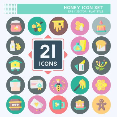 Simge Ayarlı Bal. Arı Çiftliği için uygun. Düz stil. Basit dizayn edilebilir. tasarım şablonu. Basit resimleme